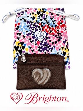 Brighton Brown Genuine Leather Coin Purse Heart Detail Silver Charm + Gift Bag
